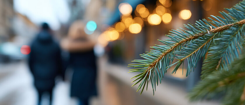 Close-up of pine tree branch with blurred couple walking on city street decorated with warm bokeh lights in background during winter