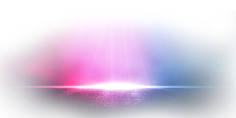 Transparent rays neon light on neon brick wall. Empty scene. Neon reflections on wet asphalt png.
