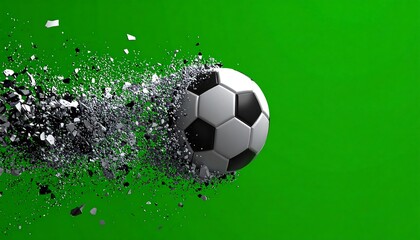 Shattering soccer ball on vibrant green backdrop, particle explosion adds dynamic motion