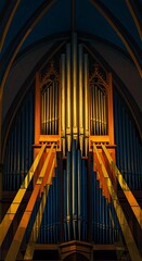 Majestic Pipe Organ in a Gothic Cathedral with Golden Light.