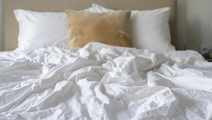 Soft linen bedding with an unmade duvet, inviting morning light, a sign of relaxation