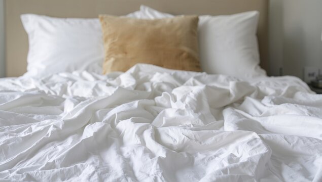 Soft linen bedding with an unmade duvet, inviting morning light, a sign of relaxation
