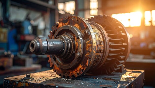 Rusted metal machinery component sits on a grimy surface, backdropped by a blurry workshop and bright window light
