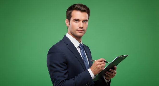 Man holding a clipboard and pen on green screen background. Professional businessman writing, taking notes for business and office.