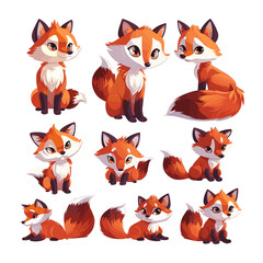 Fox cartoon vector set. Forest animal characters various poses fluffy orange tail fur creature wild nature wildlife mascot little tricky hunter illustration isolated on white background