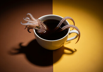 Surreal Coffee Cup with Emerging Octopus Tentacles on Split Brown and Yellow Surface