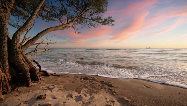 Seascape featuring waves, sunrise, boat, and crab during a coastal vacation