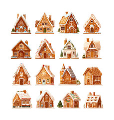 Gingerbread house cartoon vector set. Sweet dessert cookie baked icing candy snow roof sugar gala wintertime food christmas holiday winter festive year traditional homemade snacks isolated