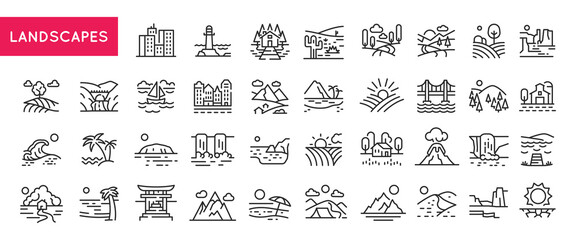 Landscapes icons. Large set of landscapes trendy minimal icons. Mountain, Island, Bridge, Volcano, Beach, Sunset icon. Design signs for web page, mobile app, packaging design. Vector illustration