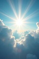 Realistic Sky Scene with Radial Sunlight Rays and Geometric Clouds