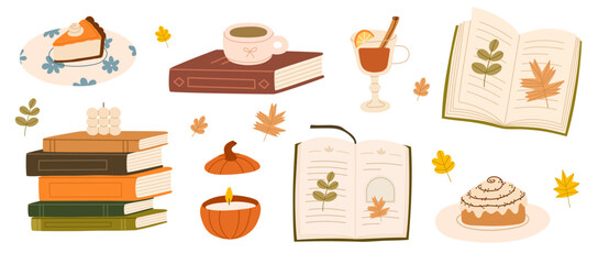 Cozy autumn hand drawn reading collection. Set of books and autumn vibe elements. Cup of tea, coffee, candles, pumpkin pie, cinnamon roll. Flat vector illustration.