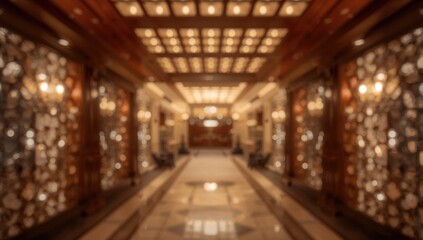 Blurred view of a luxury hotel lobby corridor featuring a wooden ceiling and illuminated walls, suitable for editorial header background