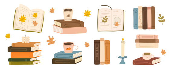 Book piles set with coffee, tea, candles and leaves. Cozy autumnal reading atmosphere. Flat vector illustration.
