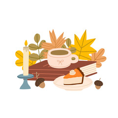 Cozy autumn scene with tea cup, stack of books, candle and leaves. Fall hand drawn composition with warm atmosphere. Flat vector illustration.