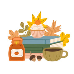 Cozy autumn scene with tea cup, stack of books, candle and leaves. Fall hand drawn composition with warm reading atmosphere. Flat vector illustration.