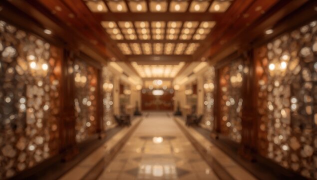 Blurred view of a luxury hotel lobby corridor featuring a wooden ceiling and illuminated walls, suitable for editorial header background