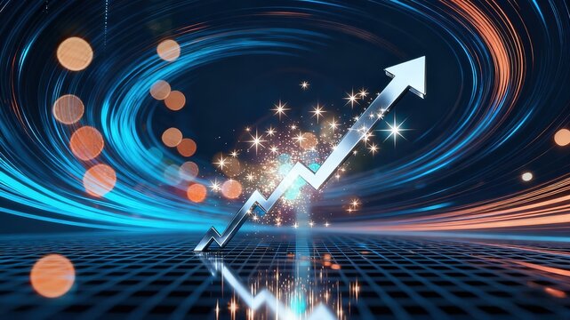 Technology Growth Trend Arrow with Light Particles - Financial Data Analysis Concept Illustration
