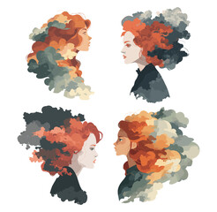 Girls with red hair cartoon vector concept. Sad looking women in black dress clouds on head, pale skin female portrait side view profile upset dark thoughts characters, isolated on white background
