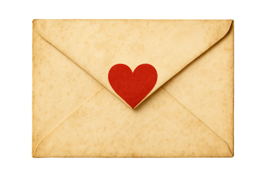 Vintage Envelope with Red Heart Isolated on a Transparent Background