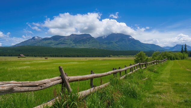 A rustic wooden fence borders a lush green field with mountains in the background, erosion risk
