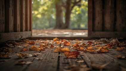 Leaves scattered on wooden floor, seasonal change