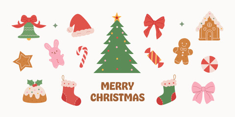 Hand-drawn Christmas decoration set featuring a tree, toys, bows, stars, candy canes, bells, gingerbread, socks, pudding, and Santa hat. Ideal vector collection for cards, scrapbooking,and invitations
