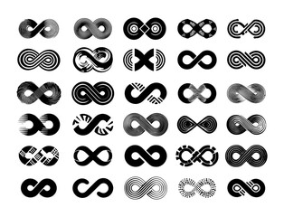Infinity symbol logo black vector set. Endless loop sign eternity love connection various styles tattoo design idea geometric element abstract concept illustration isolated on white background