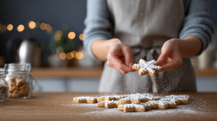 Person decorating snowflake-shaped cookies with powdered sugar in a cozy kitchen setting with warm bokeh lights in the background
