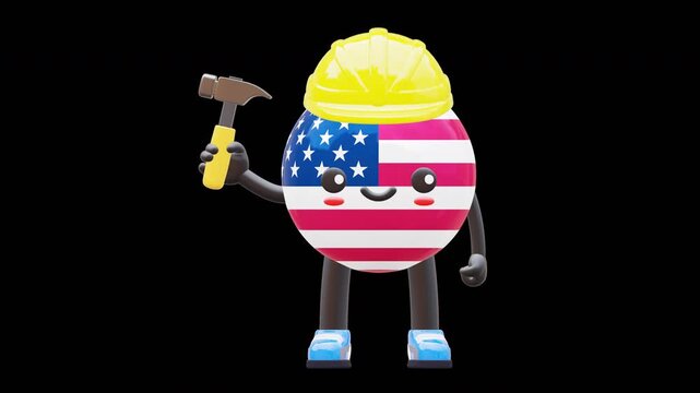 Cute 3D USA flag mascot wearing helmet holding hammer representing construction and repair work.