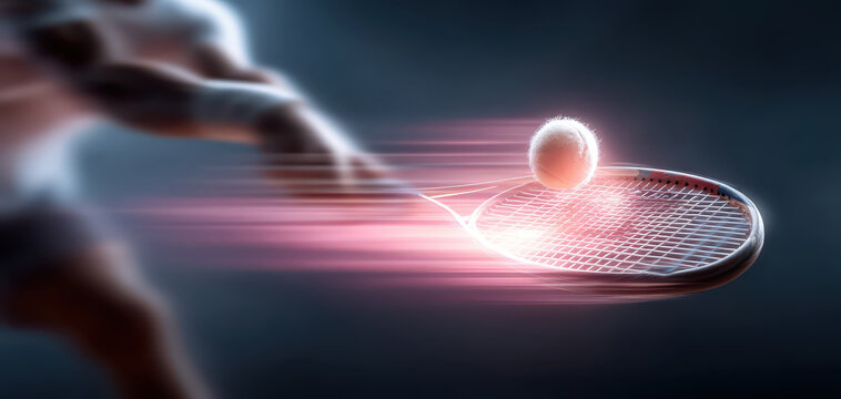 Dynamic tennis player strikes ball with precision showcasing speed and skill in this action packed moment. blurred motion emphasizes intensity of game and athlete focus
