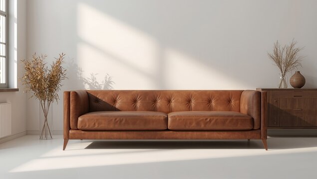 Interior living room wall mockup featuring a leather sofa with decor elements against a white backdrop, design efficiency