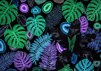 Tropical Leaf Pattern with Abstract Shapes on Dark Background