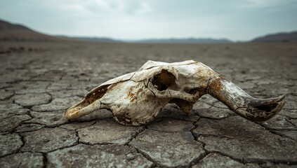 Obraz premium A cow skull lying on arid, fractured soil, symbolizing environmental degradation, Earth Day