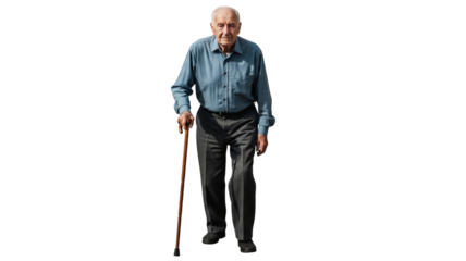 Elderly man with a cane walking towards the camera outdoors