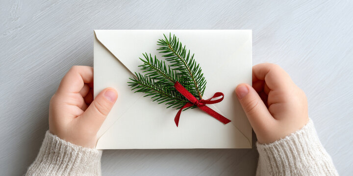 Hands holding a white envelope decorated with green pine branches and a red ribbon on a light wooden surface, cozy winter atmosphere - Powered by Adobe