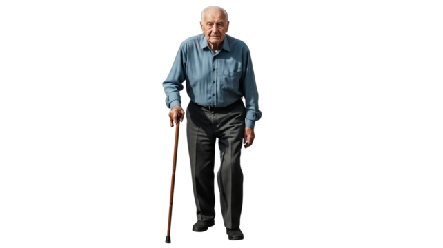 Elderly man with a cane walking towards the camera outdoors