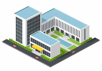 A modern corporate campus rendered in a clean, isometric vector style, featuring a high-rise tower, an L-shaped wing, and a central courtyard with a swimming pool