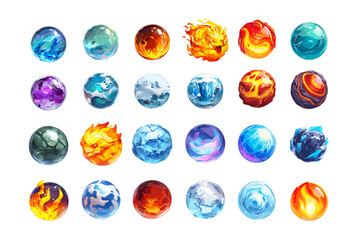 Magic element orb cartoon vector set. Fire water ice wind earth cosmos energy spheres different powers glowing glossy crystal balls spiritual alchemy sorcery power game asset isolated illustration