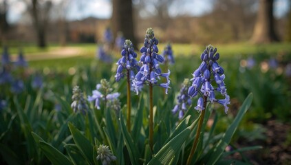 Obraz premium Luciles Glory-of-the-Snow flowers blooming in a garden setting, highlighting seasonal change