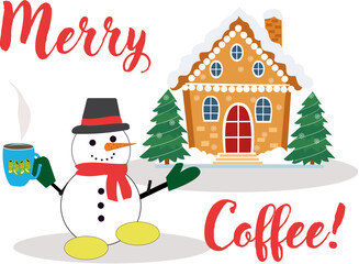 Snowman drinking coffee, Merry Coffee