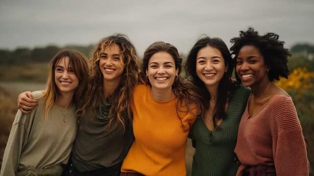 Women smiling and hugging outdoors showing joy and friendship. Young friends gather together happy, full of laughter and hugs. Connection clear in smiles, women celebrate young friendship and joy.