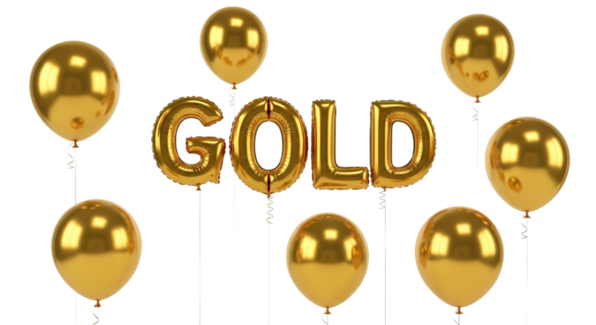 Golden balloons spelling out the word gold floating against a stark scene