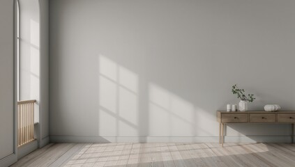 Fototapeta premium Mockup of an empty gray wall suitable for artwork display, neutral pastel colors for accentuation