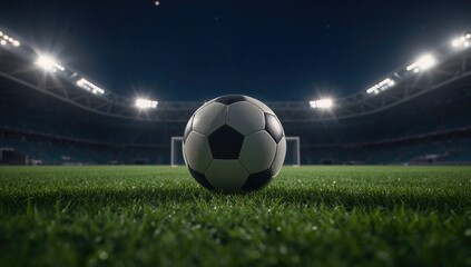 Close-up of a soccer ball positioned center field in a vibrant green stadium under night lighting, representing a sports theme.