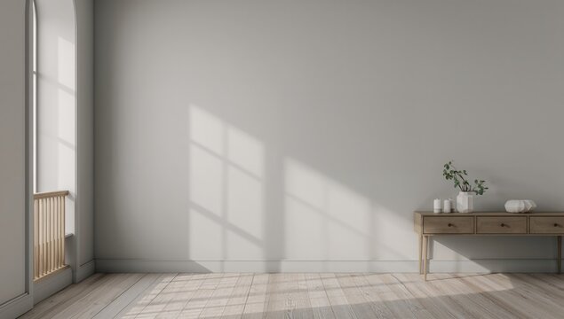 Mockup of an empty gray wall suitable for artwork display, neutral pastel colors for accentuation