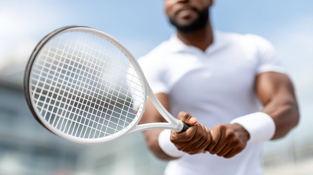 Focused athlete prepares to serve on sunny day, showcasing strength and determination while holding tennis racket. scene captures essence of competitive spirit and athleticism