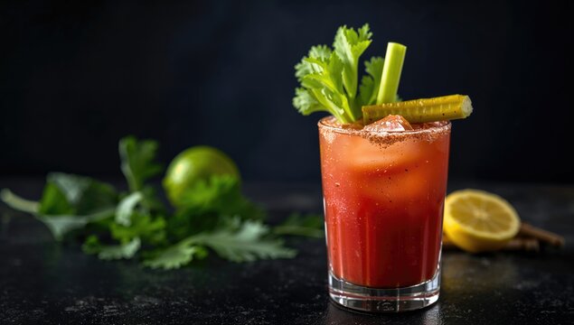 Bloody Mary cocktail featuring a garnish on a dark backdrop, a protein-rich drink choice