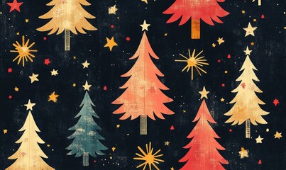 Retro pattern with stars and trees, creating a nostalgic Christmas background concept. The design offers a festive, retro aesthetic, perfect for holiday decorations, greeting cards, Generative AI