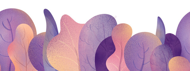 Seamless purple bush pattern with sunset glow. Cute kids watercolor repeat for fabric, wallpaper, nursery decor, planner, art for kids, perfect for stationary designs, printable