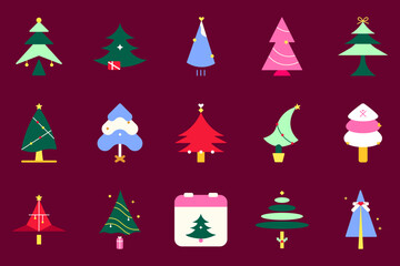 Christmas Tree Flat Icon Set – Colorful Minimalist Holiday Vector Illustration
